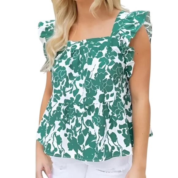 Hailey & Co Babydoll Blouse Flutter Sleeves Floral Green White Women's Small - Picture 1 of 9